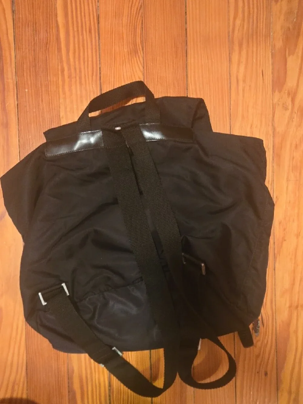 Prada Black Nylon Drawstring Backpack with Leather Trim